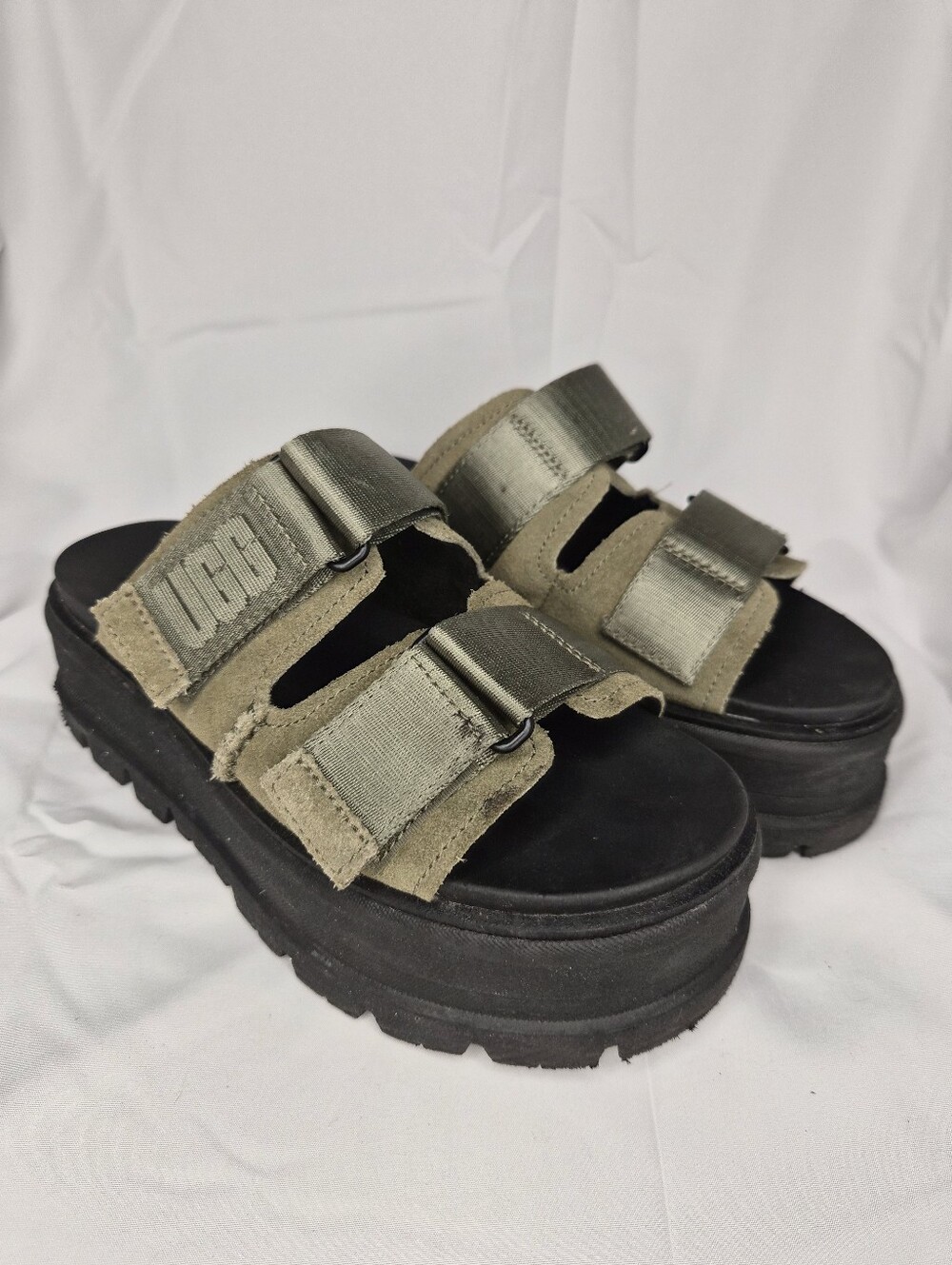 UGG Clem Suede Platform Slide Sandals in Burnt Olive Green Size 6